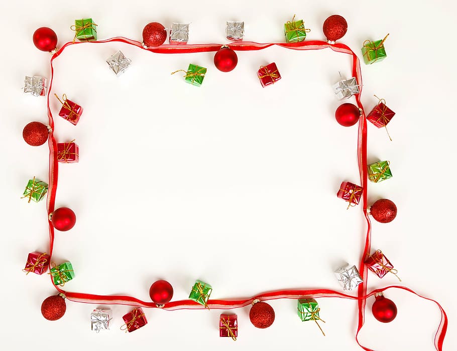 merah, pita, aksen kotak hadiah, latar belakang, bola, perhiasan, kosong, perbatasan, busur, natal