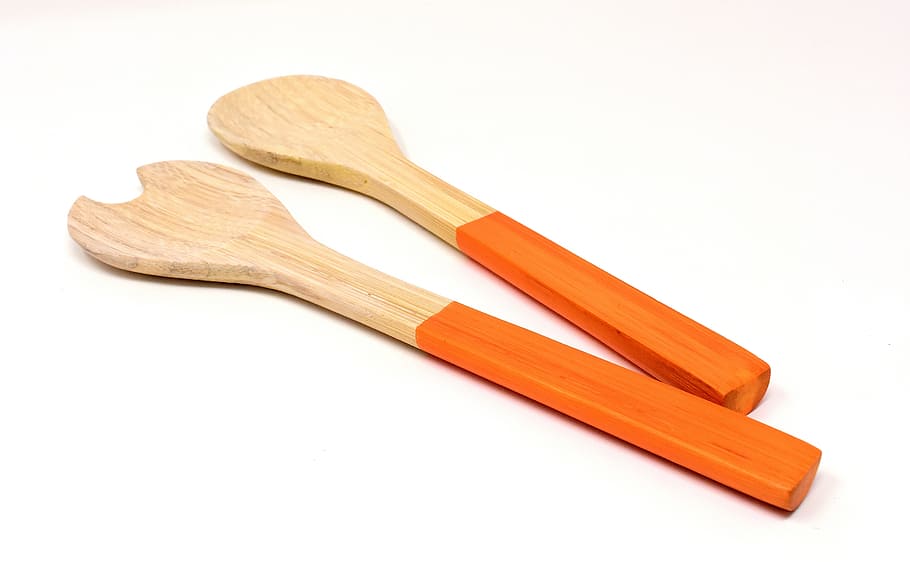 dos, marrón y naranja, madera, cucharones, ensaladeras, cubiertos de cocina, presupuesto, cubiertos de madera, madera - material, utensilio de cocina