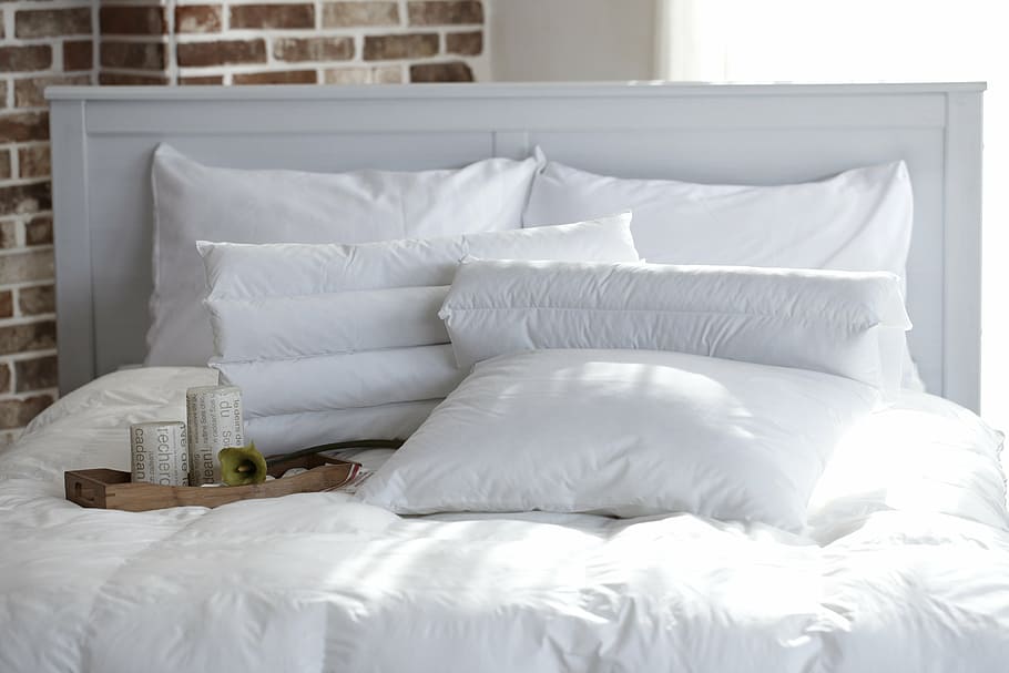прямоугольные белые подушки, подушка, спальня, стрекоза, одеяло, белый цвет, кровать, в помещении, без людей, день