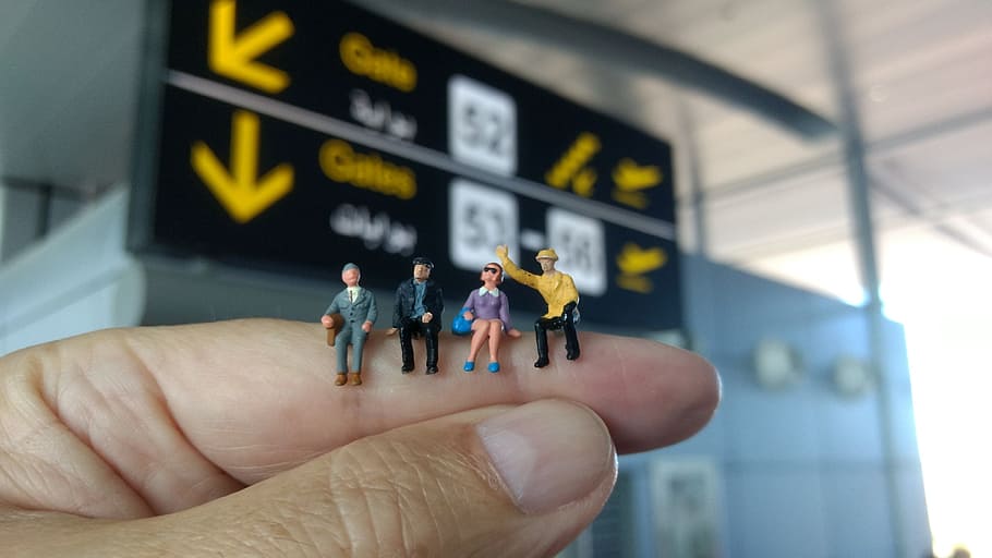 aeropuerto, salida, figuras en miniatura, espera, ocio, verano, hombre, figura de modelleisenbahn, juguetes, miniatura