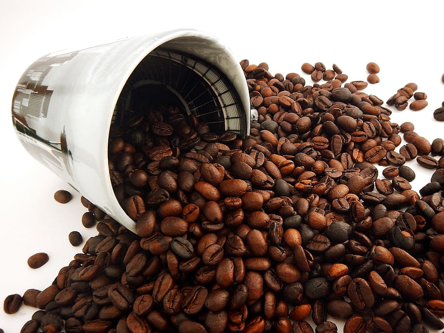 더미, 커피 곡물, 엎지른 커피, 커피, 컵, 볶은 커피 콩, 커피-음료, 음식 및 음료, 갈색, 큰 그룹의 개체