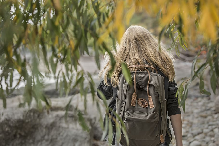 people, girl, travel, adventure, hiking, outdoor, trees, plant, backpack, rear view