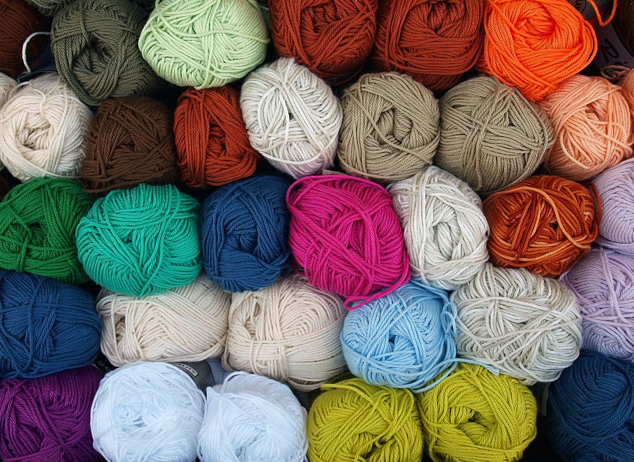 photography, piled, rolled, yarns, wool, hand labor, knit, cat's cradle, colorful, tinker