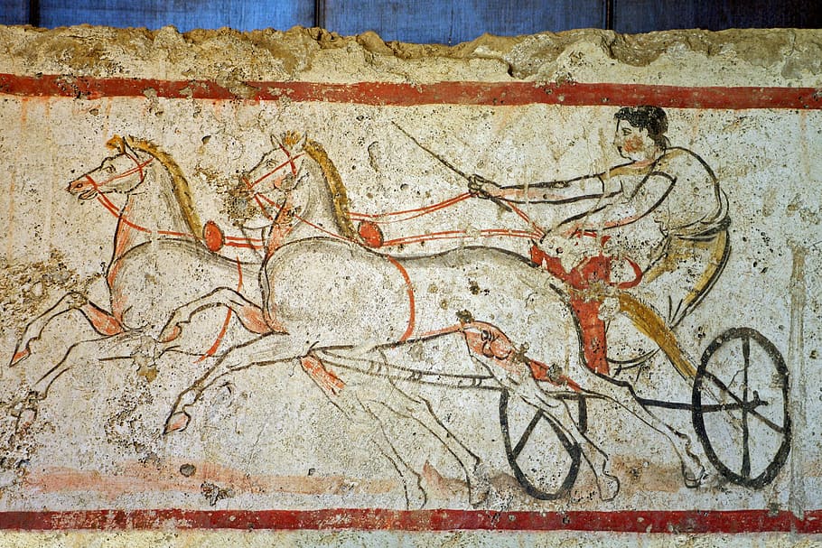 man, riding, carriage-printed textile, paestum, salerno, fresco, tomb of the diver, chariot, charioteer, team of horses