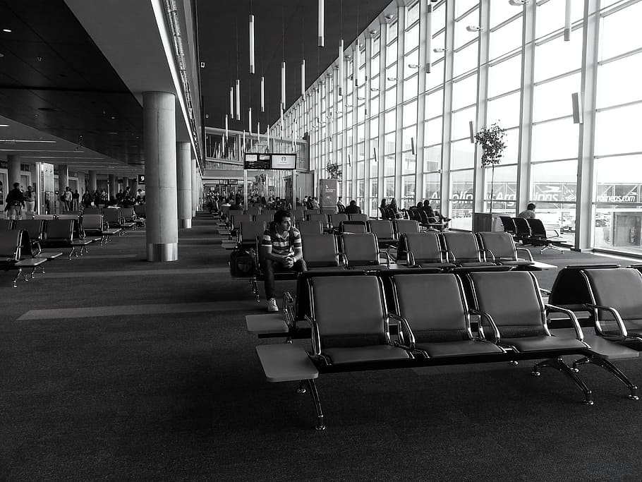 grayscale photography, man, sitting, inside, Airport, Thinking, Travel, Tourist, tourism, holiday