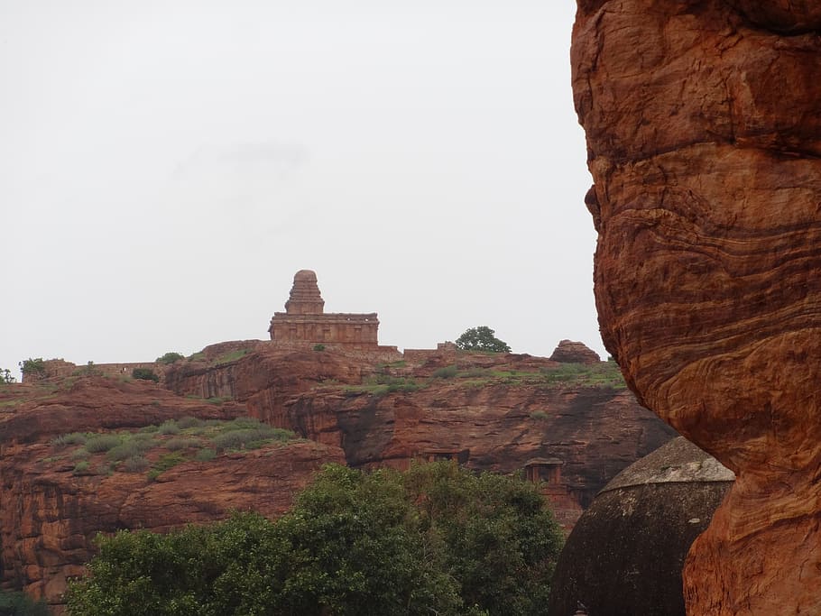 cave temple, rock cut, sand stone, rocks, red, religion, heritage, badami, karnataka, cliff