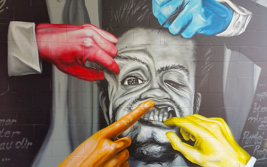 mural, graffiti, street art, wall, facade, spray, zwickau, dentist, teeth, real people