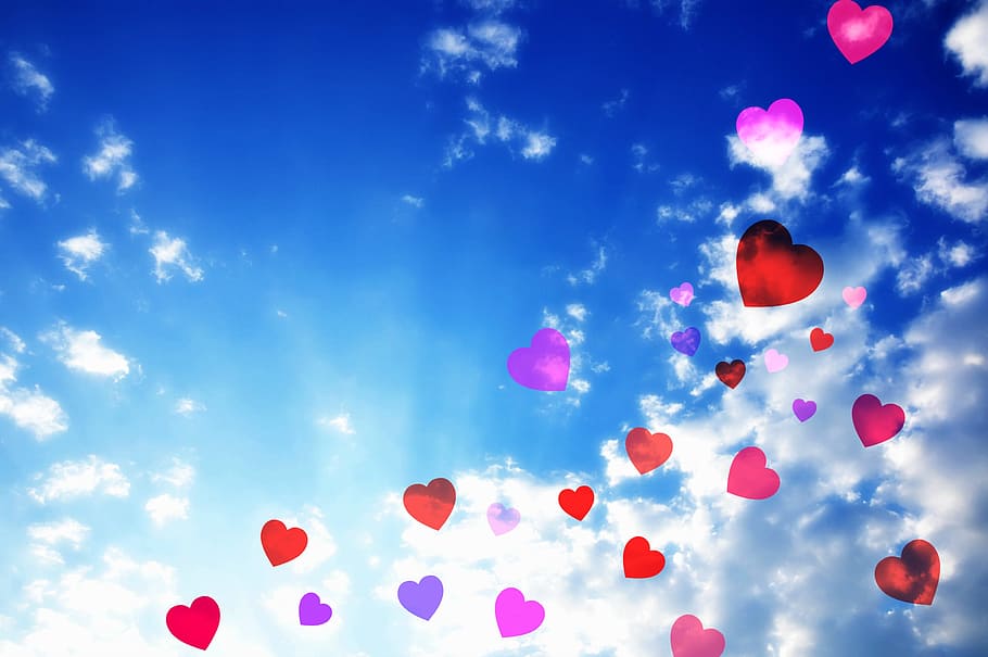 merah, ungu, ilustrasi hati, putih, latar belakang awan, hati, simbol, cinta, dekorasi, langit biru