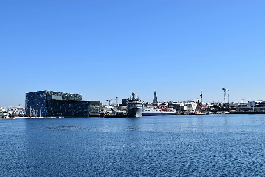 harpa, reykjavik, harbour, iceland, architecture, urban, ship, buildings, skyline, hallgrimskirkja