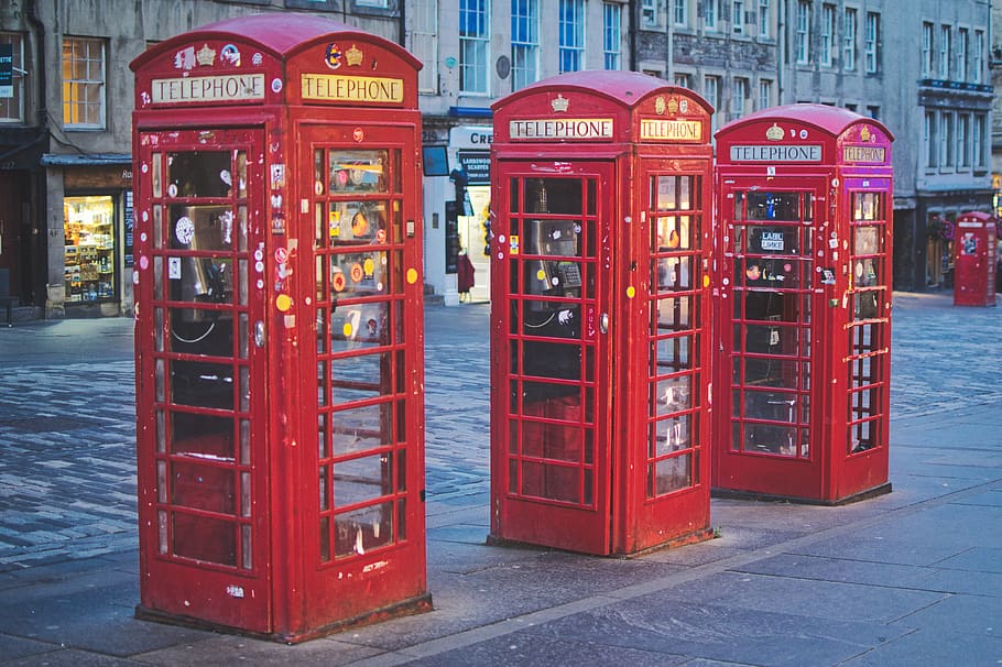 telephone booths, red, edinburgh, phone, urban, communication, united kingdom, british, payphone, public