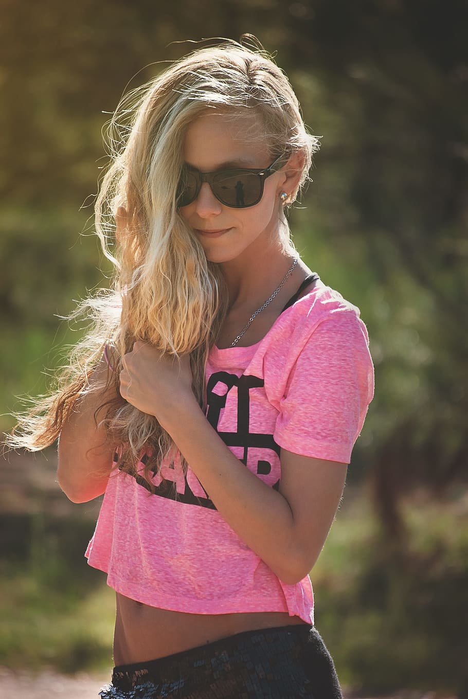 woman, pink, shirt, black, bottoms, girl, portrait, hair, standing, sunglasses