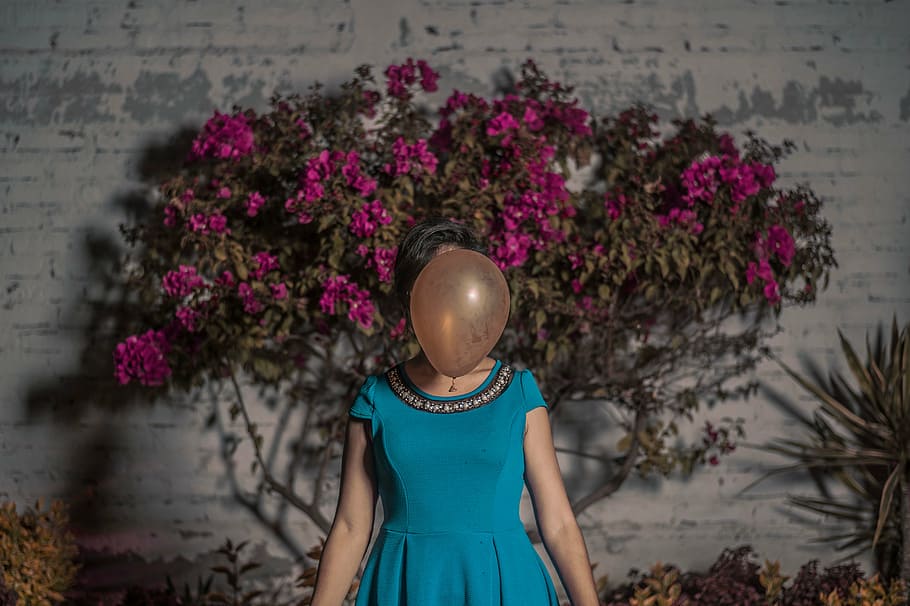 woman, standing, front og, purple, petaled flowers, people, fashion, dress, balloon, nature