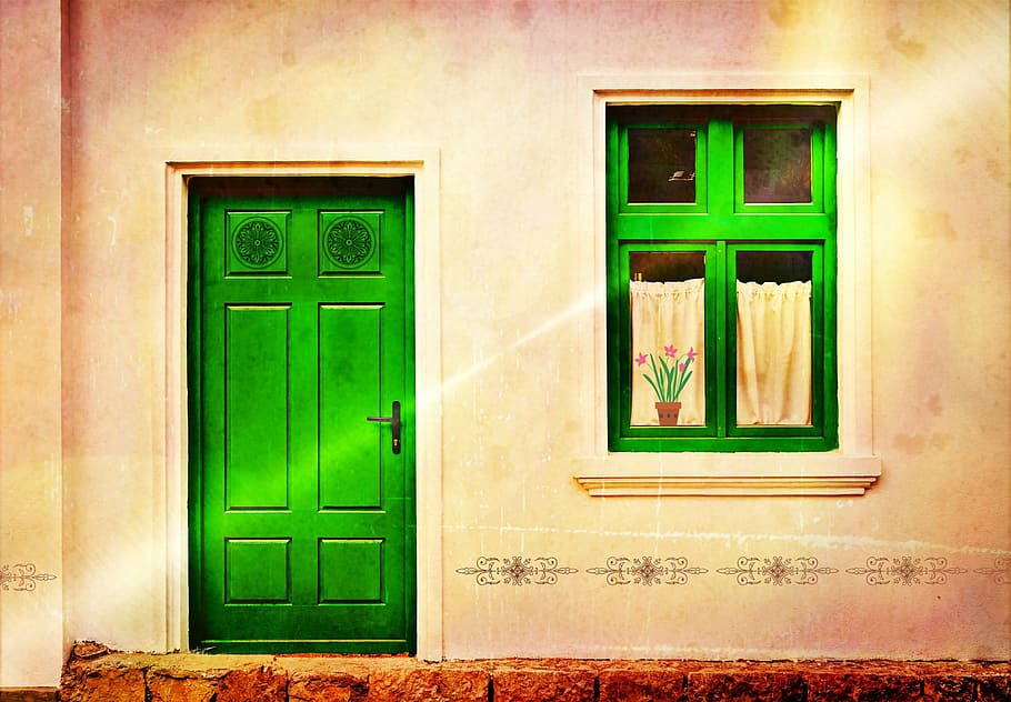 green, wooden, 6-panel, door, window, house facade, front door, home, input, building