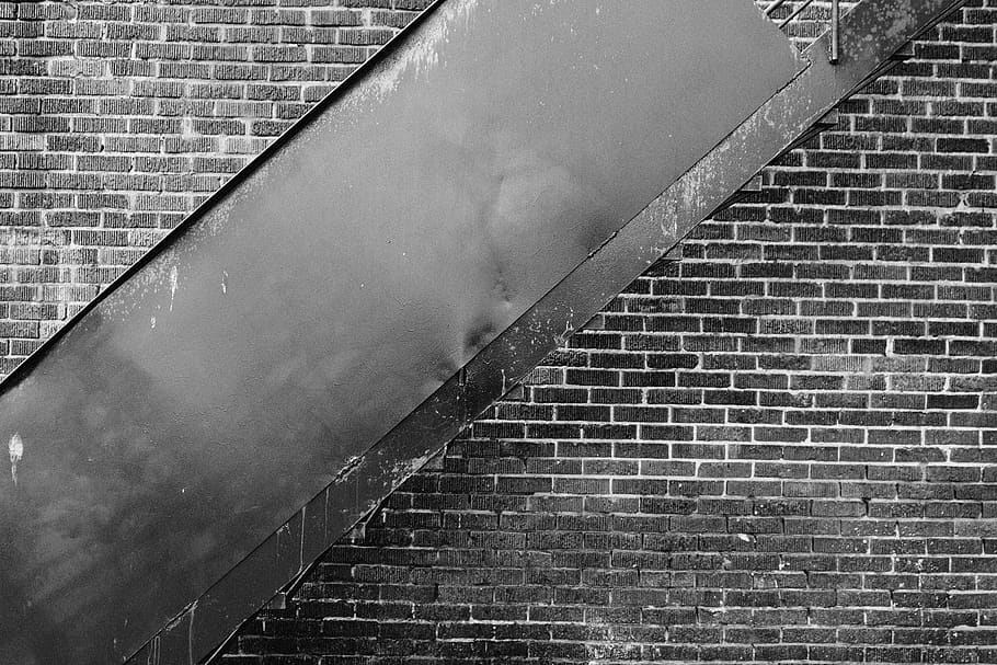 bricks, wall, staircase, black and white, city, urban, brick wall, brick, built structure, wall - building feature