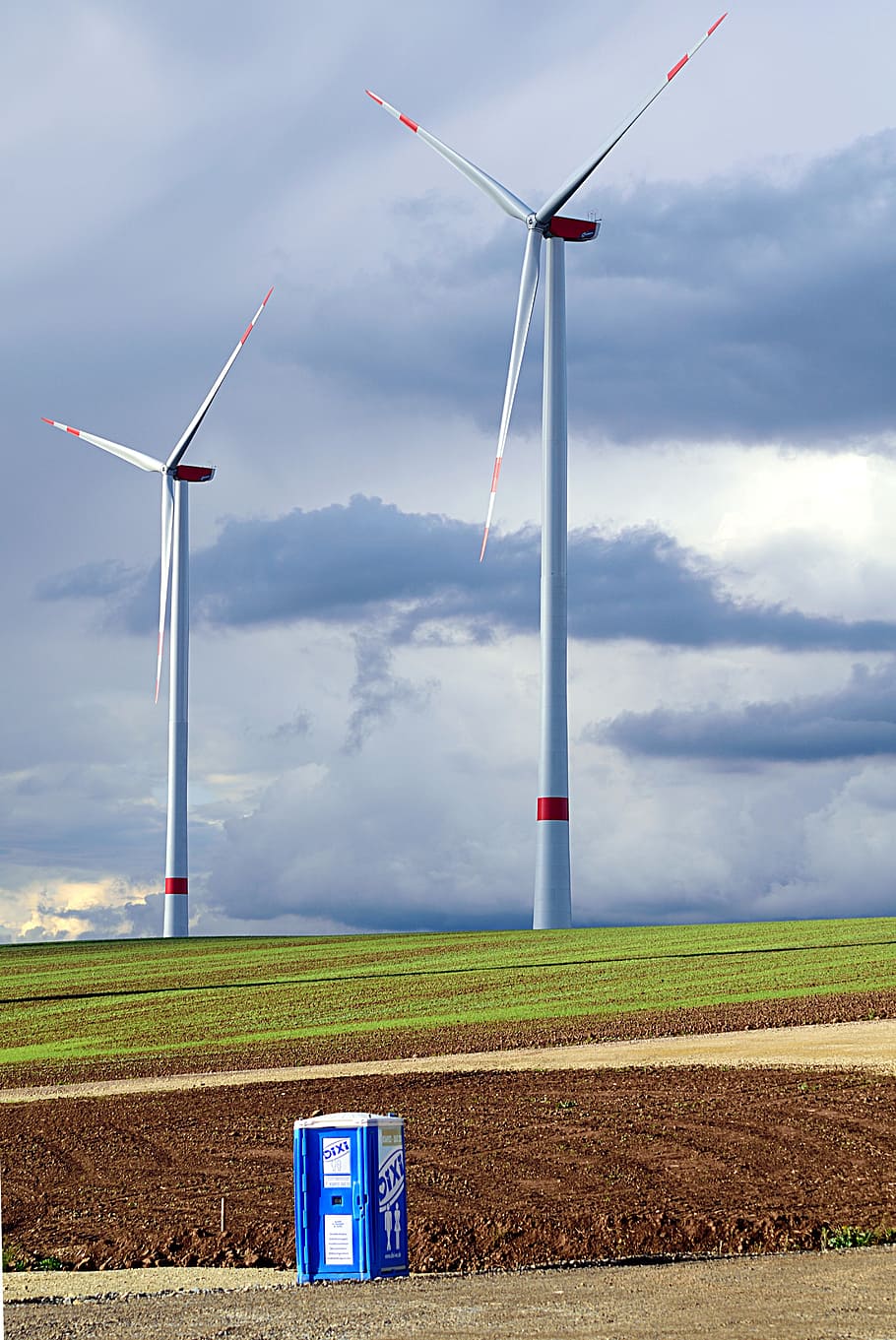 two, white, windmills, clouds, daytime, windräder, pinwheel, site, eco electricity, wind power