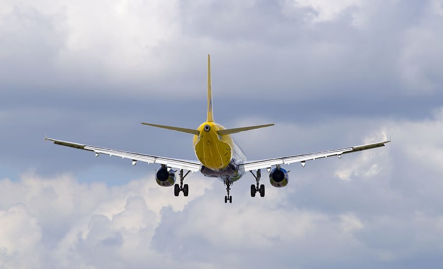 yellow, gray, airplane, Plane, Tail, View, Landing, Clouds, Sky, jet
