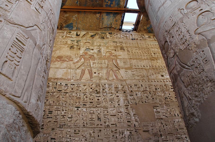 egypt, thebes, medinet-habu, temple, hieroglyphs, color, wall, architecture, antique, religion