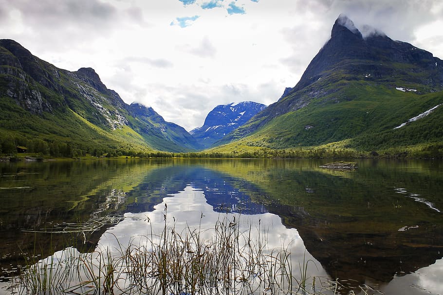 mountains, reflecting, body, water, mountain, plants, trees, grass, lake, valley