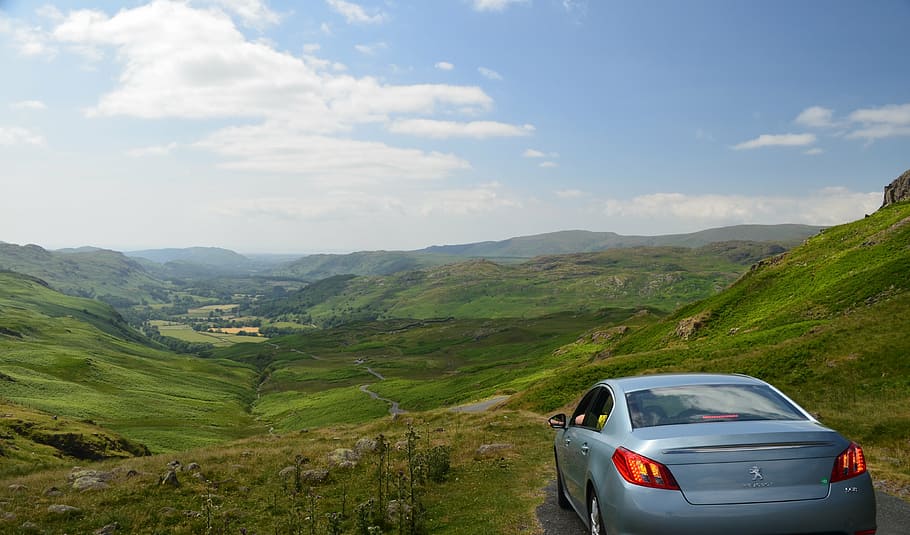 gray, peugeot sedan, surrounded, grass, mountain, the lake district, run, car, landscape, the nature of the
