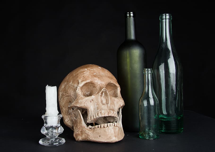 brown, skull, white, candle, three, glass bottles, the bottle, composition, glass, light