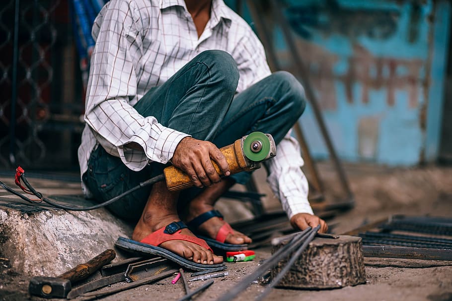 man, holding, angle grinder, active, architecture, asia, asian, bengal, brick, bricklayer