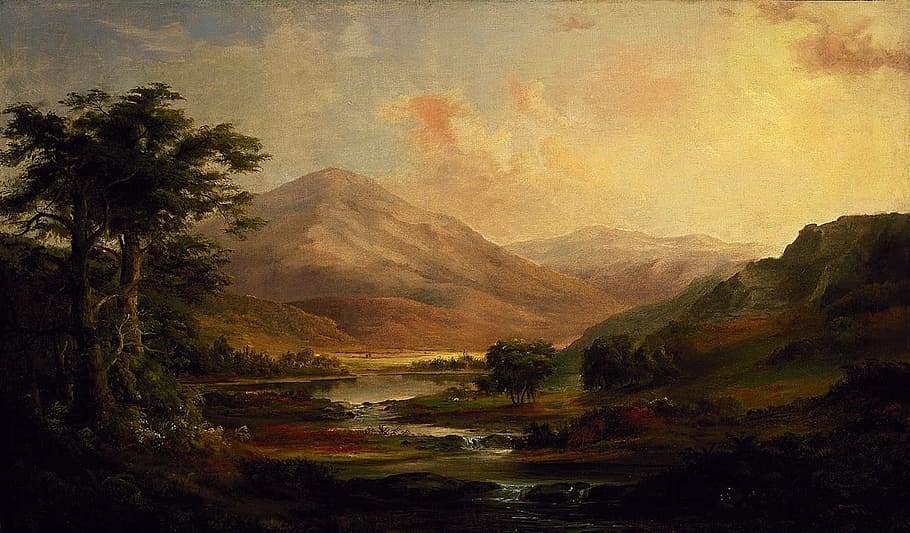trees, river, mountain, background painting, robert duncanson, art, artistic, painting, oil on canvas, artistry