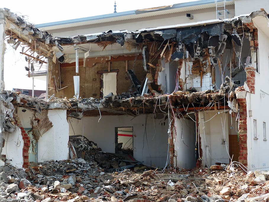 wrecked, white, brown, house, demolition, building rubble, crash, site, home, demolished