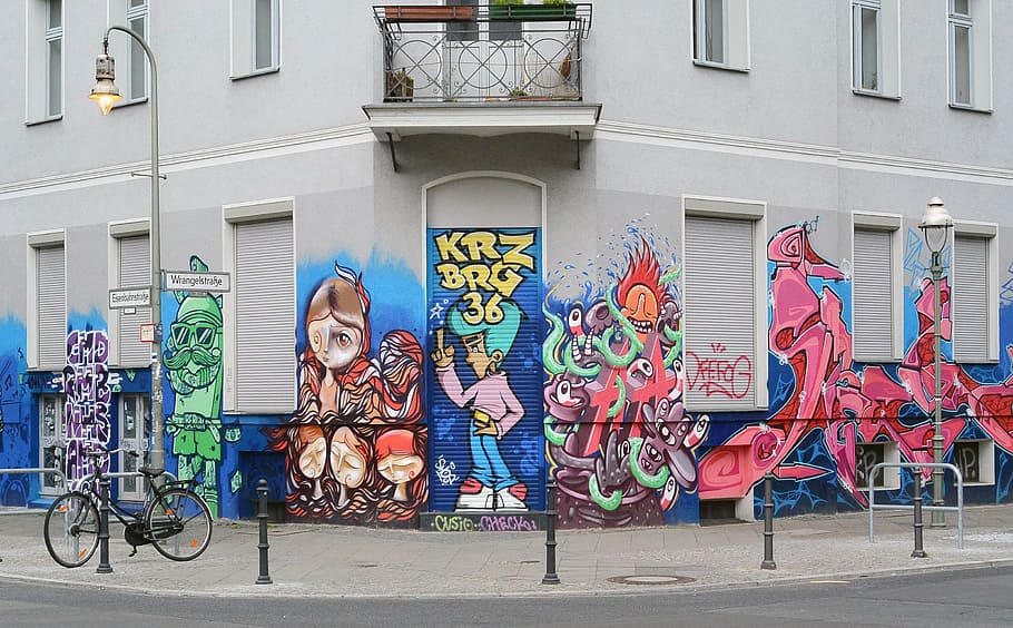 Grafite, arte de rua, arte urbana, arte, pulverizador, mural, berlim, kreuzberg, colorido, pessoas