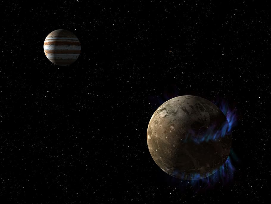 ilustração de dois planetas, Júpiter, Lua, Artista, Concepção, Espaço, concepção de artista, Ganimedes, maior, Cosmo