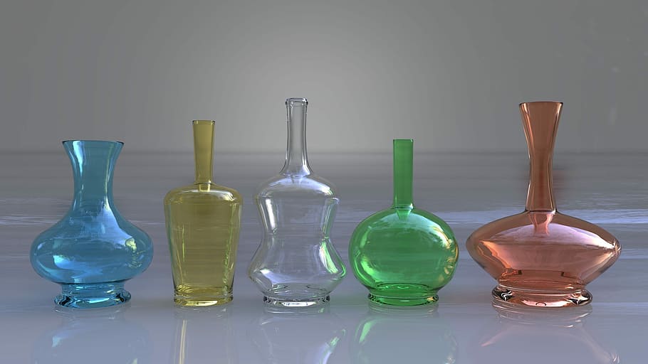 blue, yellow, clear, green, pink, glass decanters, bottle, glass, reflection, glass - material