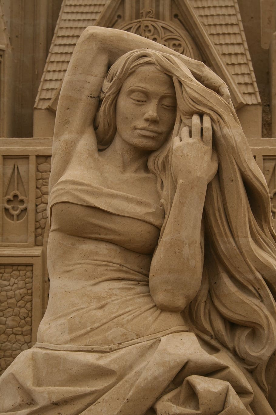 closeup, woman, concrete, statuette, sand, sculpture, sand sculpture, art, artwork, sandworld