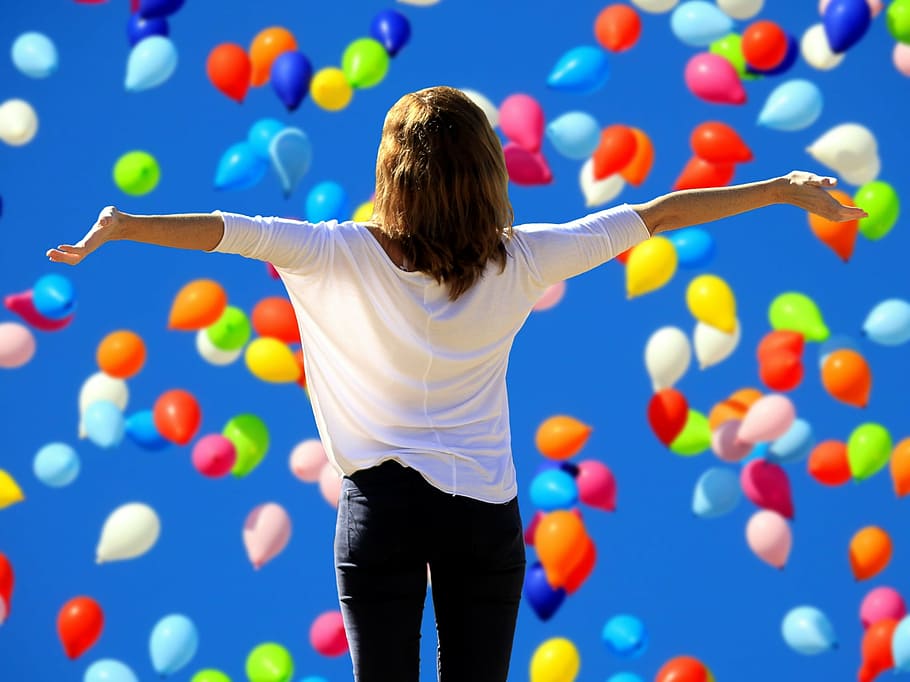 woman, white, blouse, assorted-color balloons, say yes to the live, joy, lust for life, frohsinn, satisfaction, self confidence