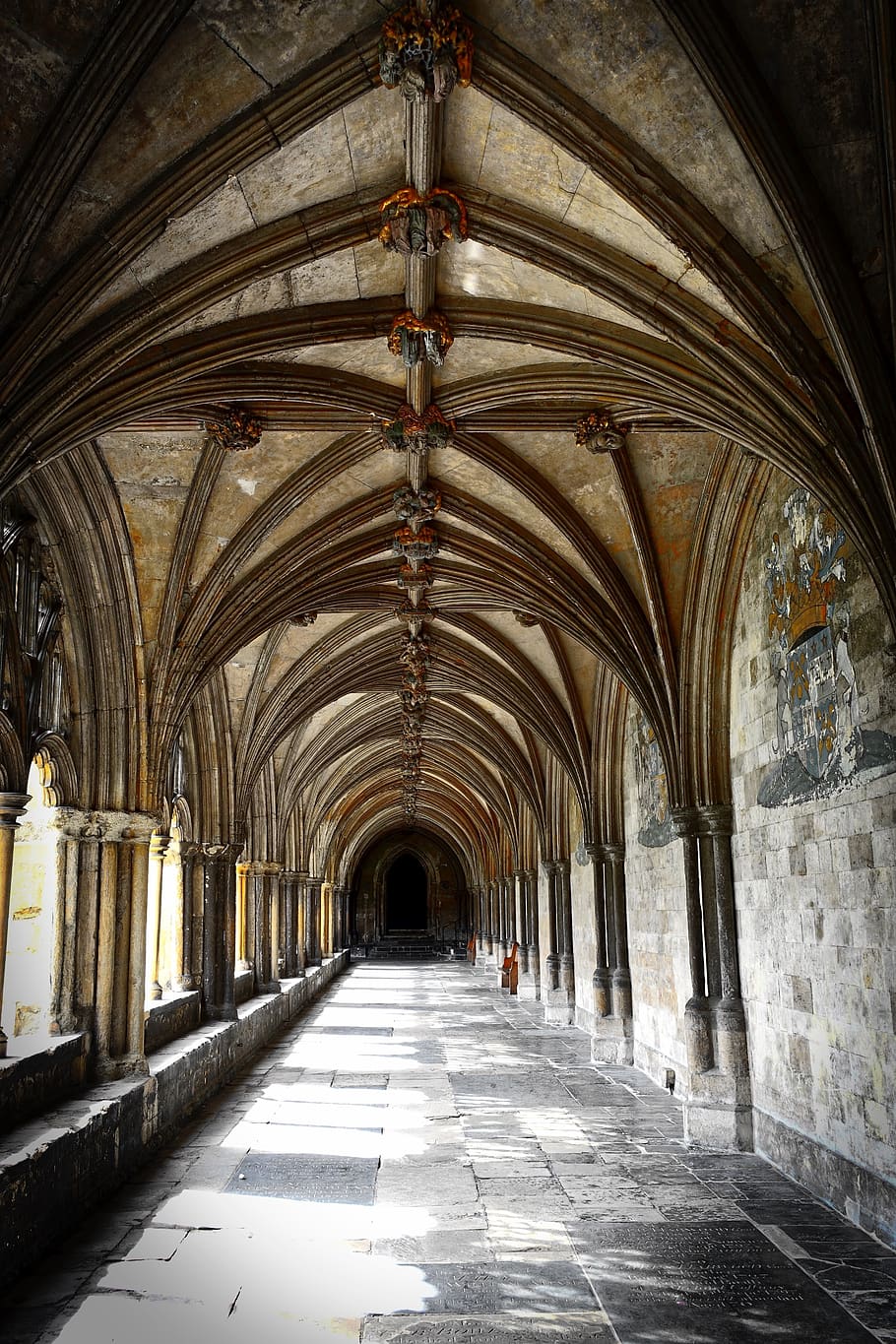 norwich cathedral, cloisters, cathedral, medieval, courtyard, architectural, building, religion, arch, architecture