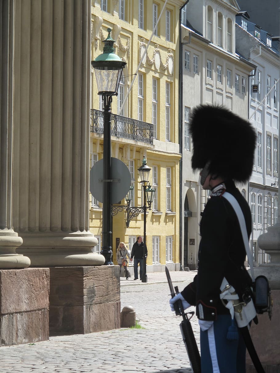 Baltic Sea, Denmark, Copenhagen, amalienborg palace, guard, bearskin cap, one person, adults only, built structure, adult