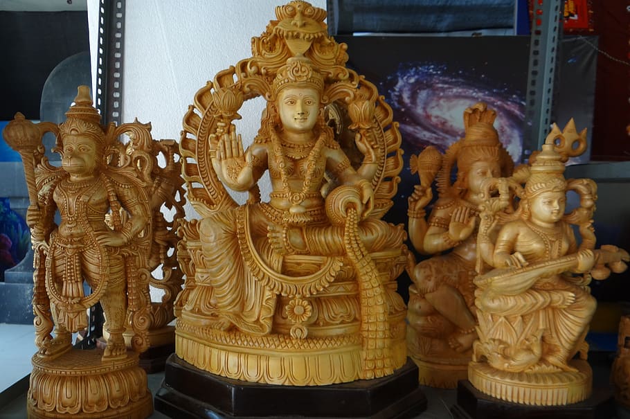 handicrafts, stall, carved, figures, figurines, god, goddess, sandalwood, handmade, traditional