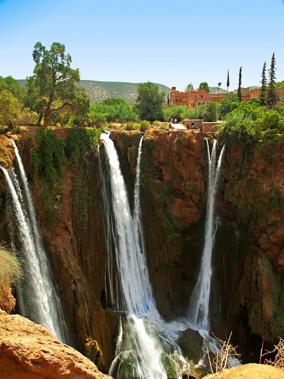 滝, コンクリート, 建物, 昼間, ouzoud, モロッコ, 風景, 荒野, 自然, 野生
