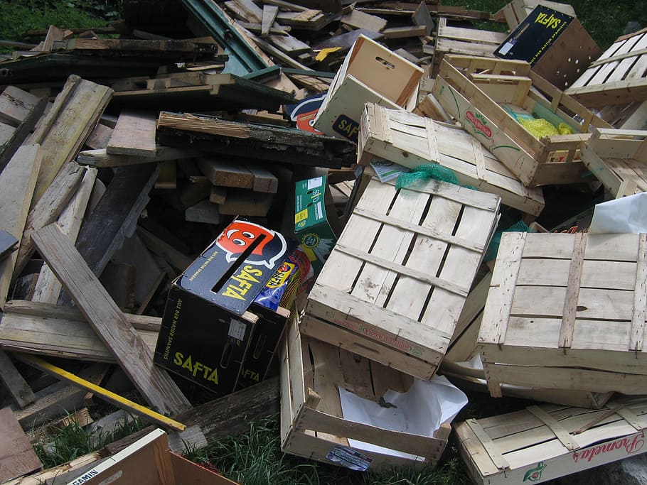 desechos, madera, cajas de madera, cajas, chatarra, pila de desechos, eliminación, pila, caos, apilado
