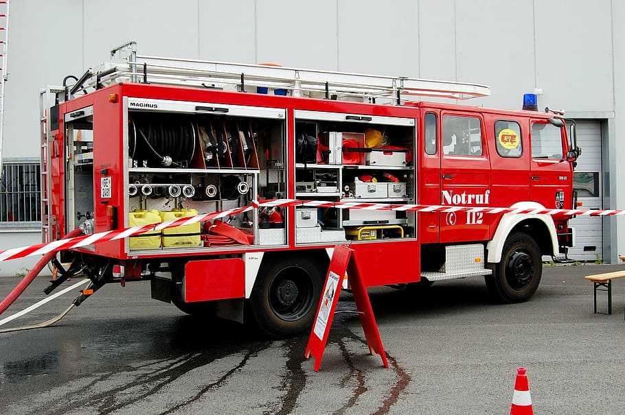 red, firetruck, parked, road, fire, feuerloeschuebung, löschzug, fire truck, fire Engine, firefighter
