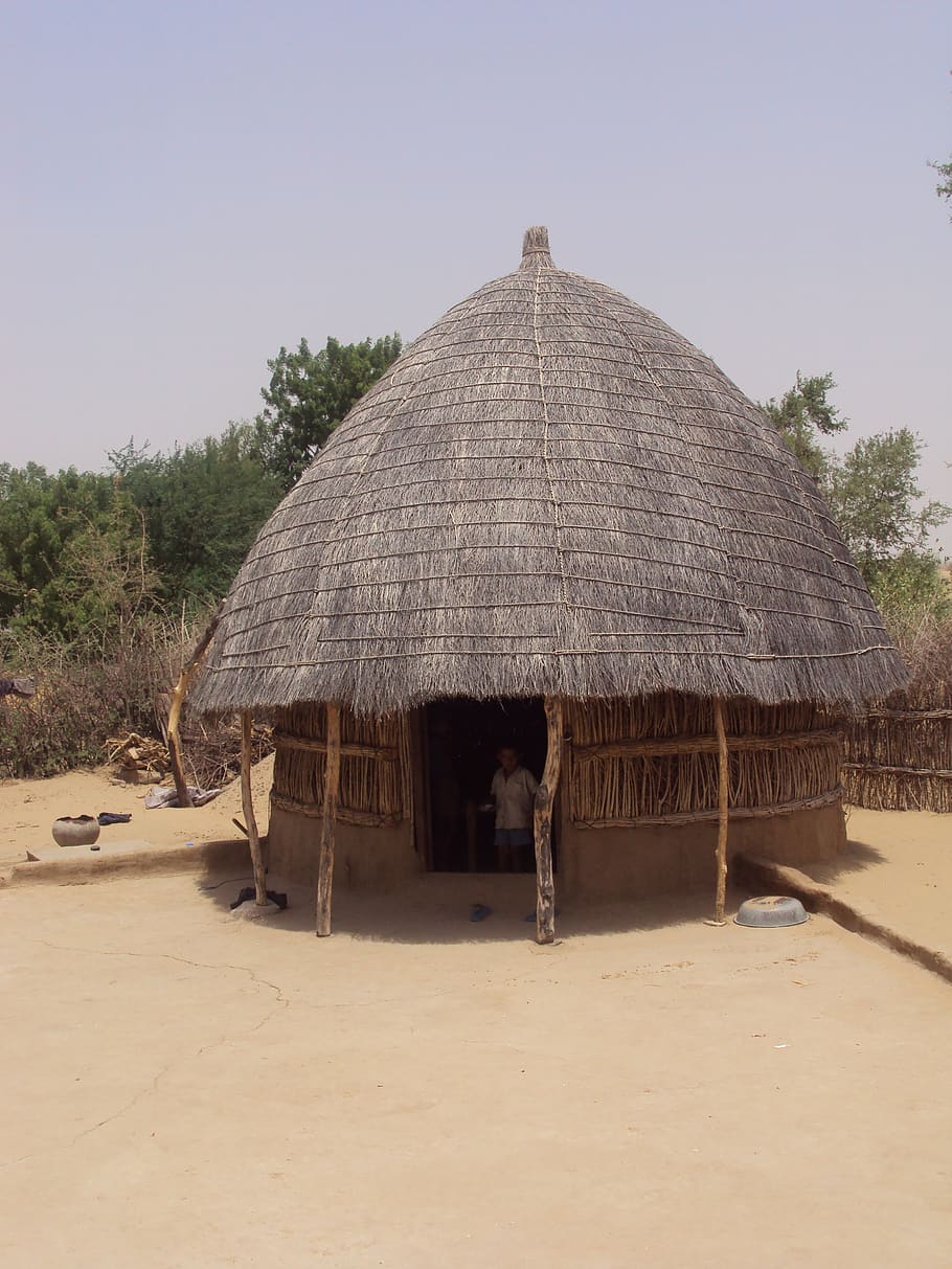 hut, desert, india, rajasthan, thatched roof, land, roof, sky, clear sky, nature