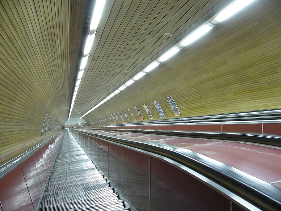 escalera mecánica, praga, metro, viaje, túnel, el metro, iluminado, arquitectura, interiores, transporte