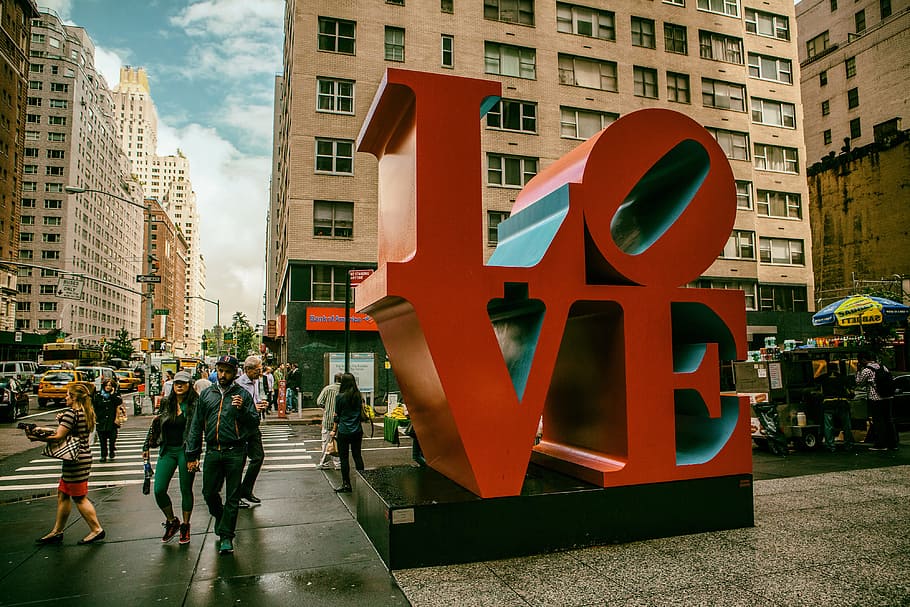 street shot, giant love sign, manhattan, new, york city, Street, shot, giant, love sign, New York City