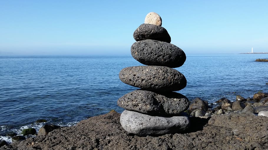 zen, stacking stones, balance, cairns, sea, rock, solid, water, rock - object, sky
