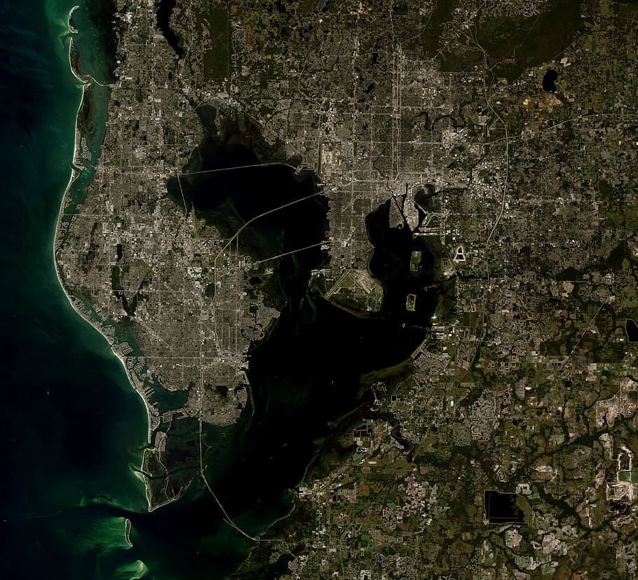 Tampa, Florida, Imagen de satélite, ciudad, luces, dominio público, naturaleza, fondos, no hay gente, espeluznante