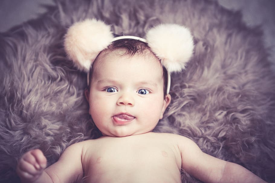 baby, white, mickey mouse headband, posing, funny hairband, brown coat, new born, infant, child, cute