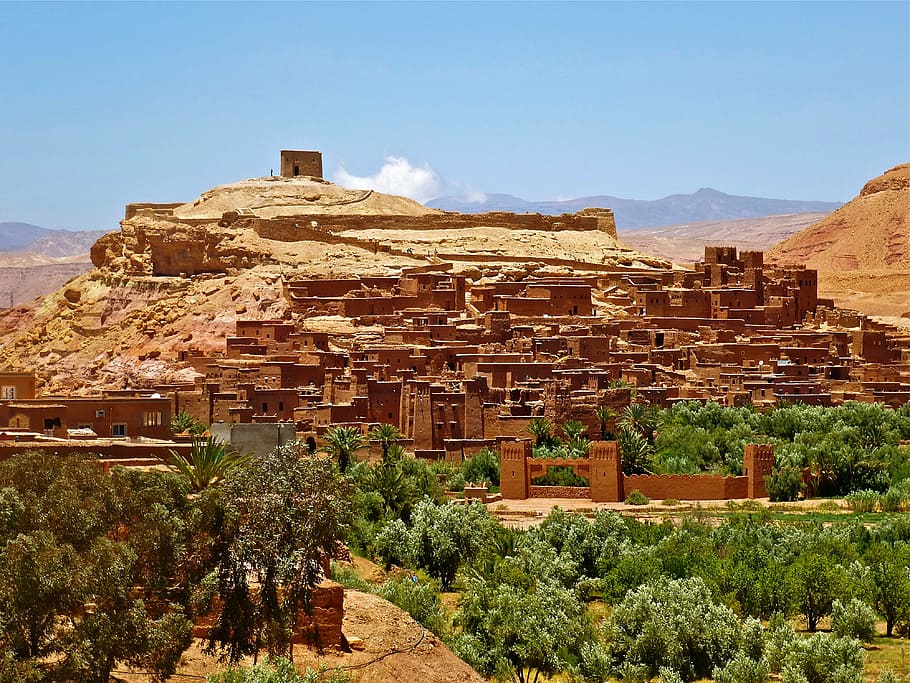 desert city, morocco, fortress, adobe, castle, desert, architecture, mountain, built structure, sky