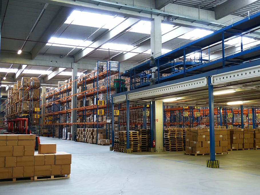 blue, metal rack, factory, industrial hall, logistics, trade, transport, stock, shelf, factory building