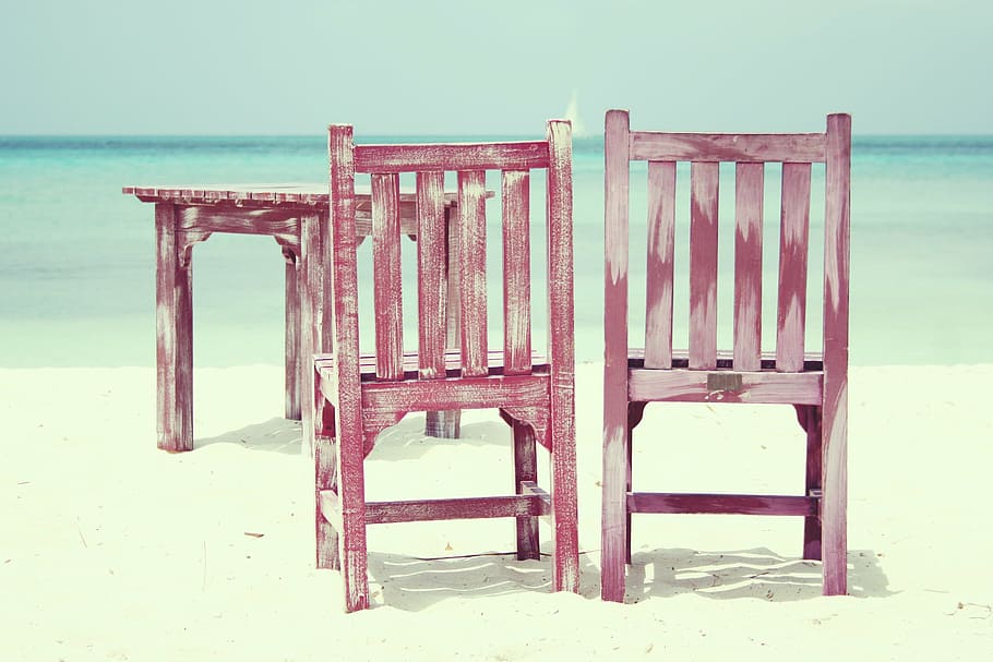 two, red, wooden, chairs, shore, daytime, beach, sun, sea, summer