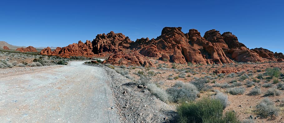 Valley, Fire, State Park, Nevada, brown terrain near road, rock, rock - object, rock formation, solid, landscape