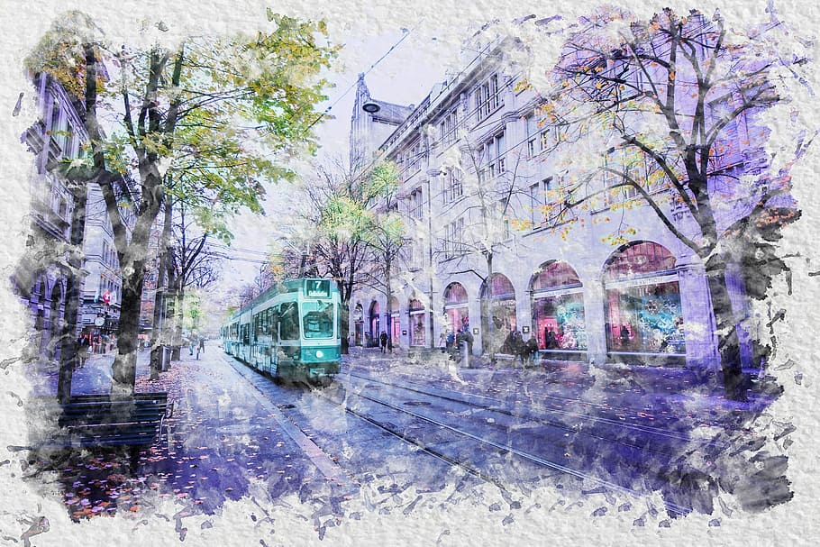painting, city tram, street, watercolor, city, building, architecture, landscape, travel, urban