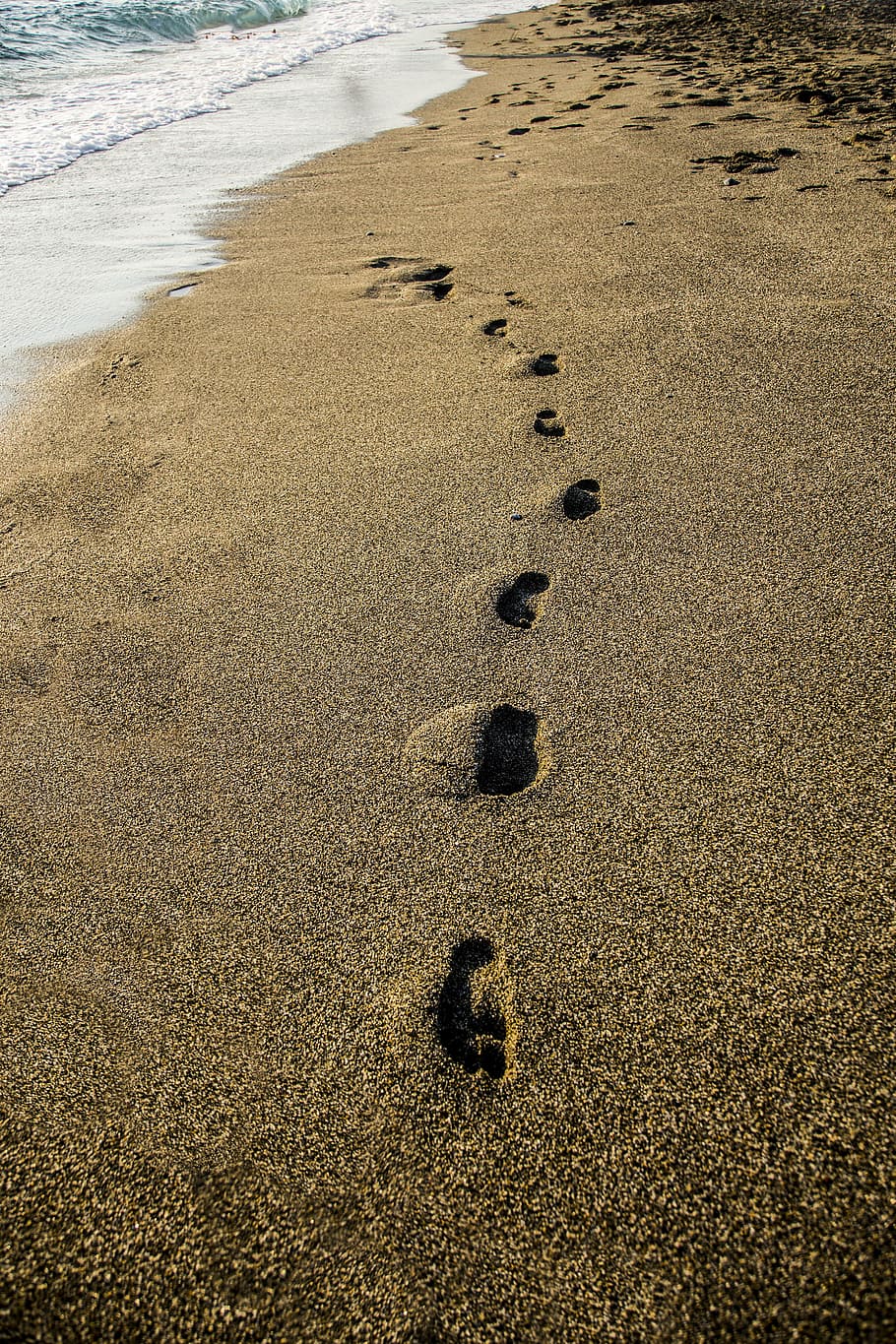 footsteps, sea, beach, land, sand, nature, water, footprint, high angle view, tranquility